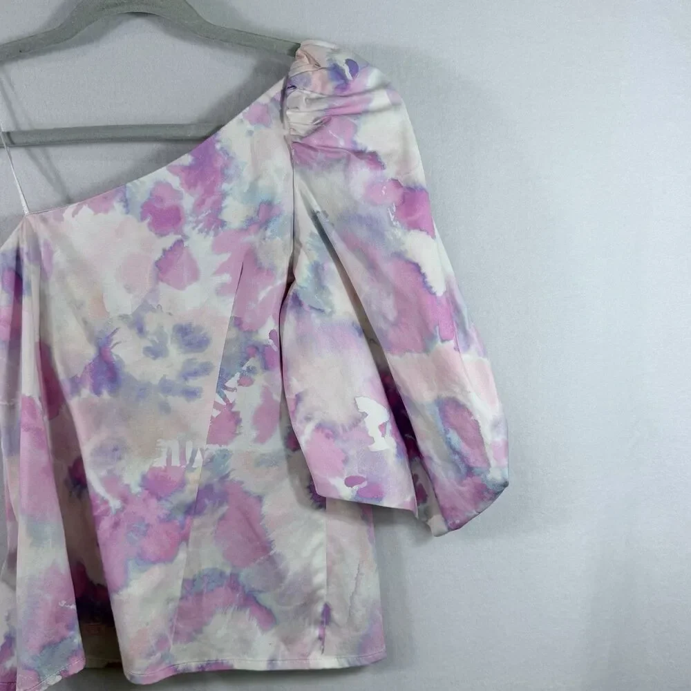 AIIFOS Pink Purple Watercolor One Shoulder Puff 3/4 Sleeve Top Blouse Size XS - Picture 9 of 11